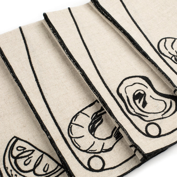 Line Drawing Seafood Embroidered Linen Napkin (Set of 4)