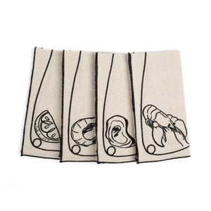 Line Drawing Seafood Embroidered Linen Napkin (Set of 4)