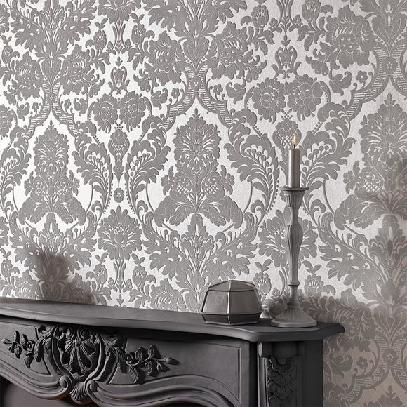 Gothic Damask Flock Wallpaper 104562 by Graham  Brown in Black Silver buy  online from the rug seller uk
